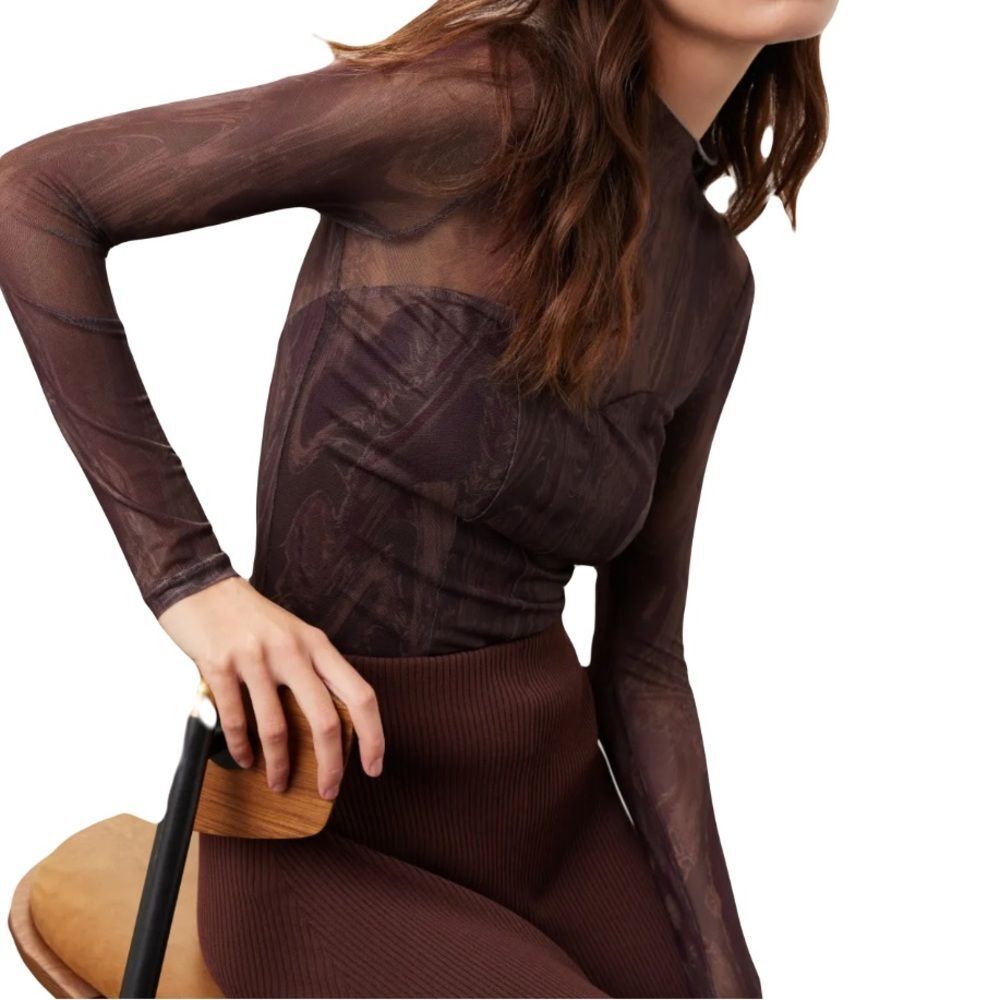 Louna sz SMALL Sheer Fitted Long Sleeve Bodysuit Top Short turtleneck Marble